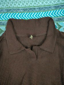 Brown Waffle Knit Collared Top