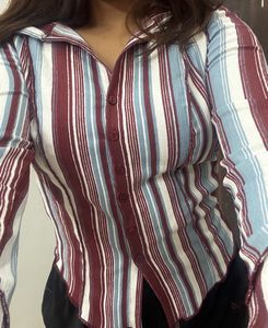 Striped Collared Button-Up Top