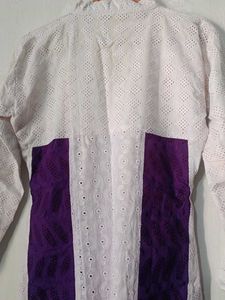 Elegant White Kurta with Purple Accents
