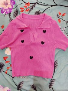 savana Pink Heart Knit Polo Top