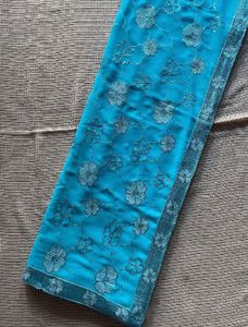 Turquoise Floral Embroidered Saree with Blouse