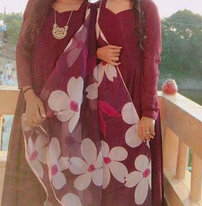 Elegant Maroon Kurta Set with Floral Dupatta