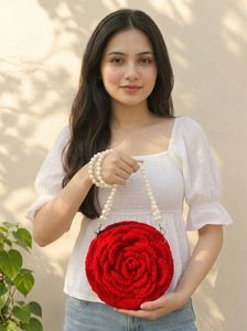 Red Rose Crochet Round Bag with Pearl Strap