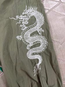 Dragon Embroidered Olive Green Cargo Pants