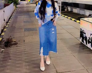 Distressed Denim Midi Skirt and top