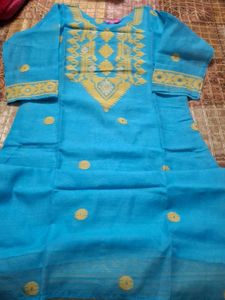 Blue cotton jamdani Kurta with Yellow Embroidery