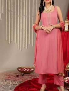 Pink silk crepe striped Kurta Set with Dupatta
