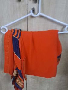 Vibrant Orange Saree with Blue Border