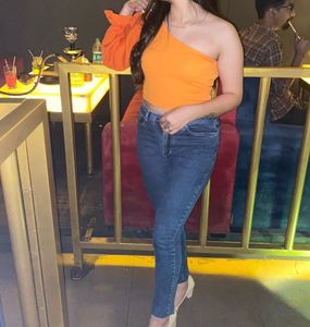 Orange One-Shoulder Puff Sleeve Top - S