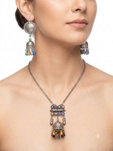 Boho Multi-Color Jhumka Earrings & Necklace Set