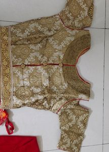Golden Blouse With Red&amp;Mixed Orange Printed Lehnga