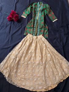 Green &amp; Cream Ethnic Lehenga Choli Set