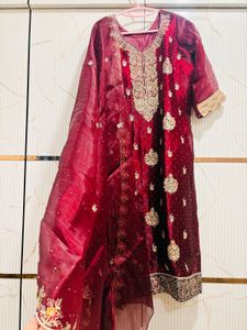 Maroon Embroidered Festive Suit Set with Dupatta