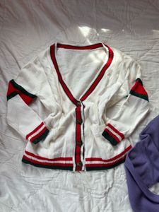Chic White Cardigan with Red Trim