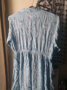 korean Blue Floral Print Shirt Dress
