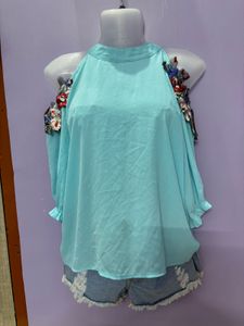 Blue Embellished Cold Shoulder Top