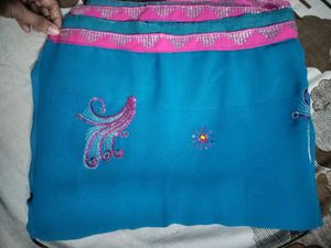 Blue &amp; Pink Embroidered Sari