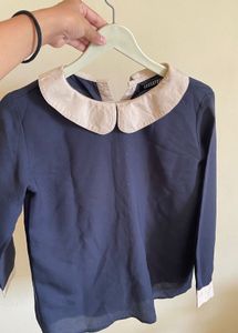 Navy Blue Collared Button-Up Blouse