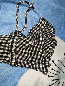 Black &amp; White Gingham Cold Shoulder Top