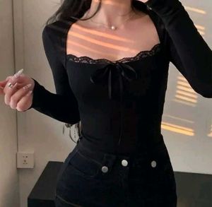 Black Lace Trim Tie Front Top