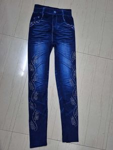 Blue Handwork Rhinestone Denim Leggings