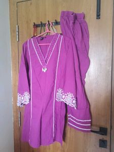 Purple Kurta Set with White Embroidery