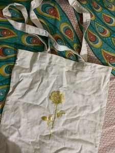 Cream Tote Bag with Gold Rose