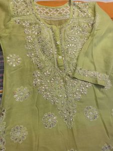 Lime Green Chikankari Kurta Set with matching lini