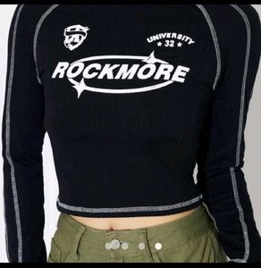 Black "Rockmore" Graphic Long Sleeve Crop Top