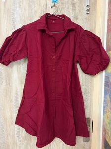 Maroon Puff Sleeve Shirt Dress