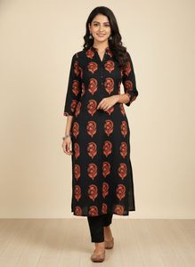 Elegant Black Kurta Orange Block Print