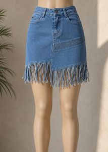 Light Blue Denim Fringe Mini Skirt