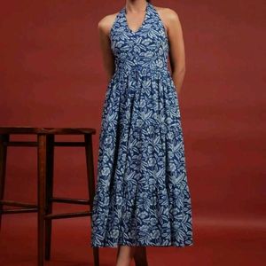 Blue Floral Print Halter Neck Dress