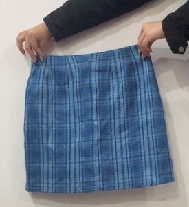 Blue Plaid Mini Skirt with Slits