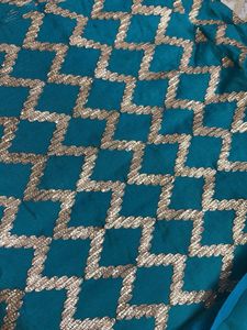 Teal Blue Sequined Geometric Print Fabric