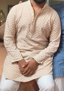 Men's Beige Embroidered Kurta
