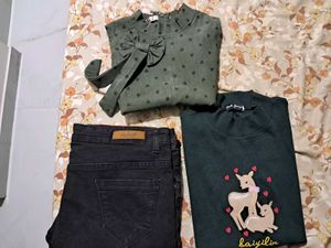 2 Cute Green Top 💚and floral black denim👖