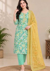 unstitched Aqua floral kurta set with dupatta