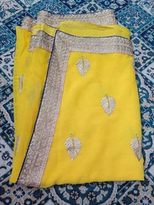 Yellow Sari with Gold Leaf Design