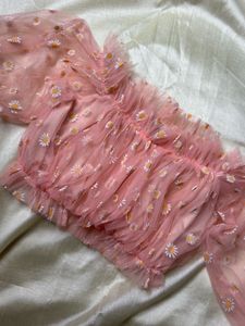 Sheer Daisy Off-Shoulder Crop Top