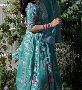 Beautiful Blue Floral Lehenga Choli Set with jewel