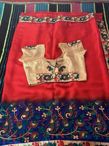 Red Saree with Embroidered Border