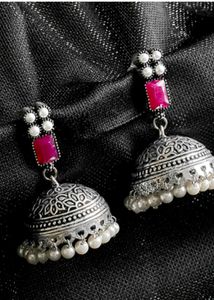 PANASH Oxidised Jhumkas - Silver &amp; Pink