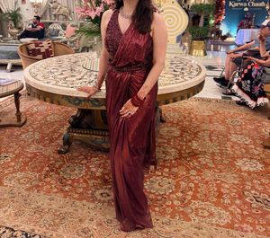 Burgundy Embellished Festive Pre Drape Saree