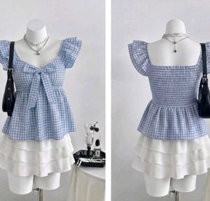 Red and blue Gingham Puff Sleeve Top