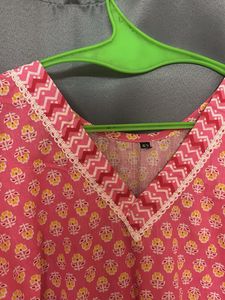 Pink Printed Kurta with V-Neck