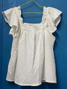 White Textured Square Neck Top
