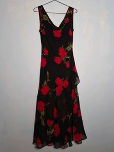 Eva Blue Y2K Beaded Black Rose Print Dress