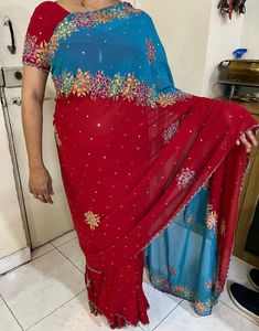 Vintage Handwork Red & Blue Embroidered Saree