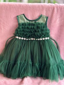Bottle Green Glittery Net Birthday Frock